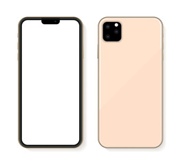 Golden modern mobile phone mockup isolated on white. Vector illustration