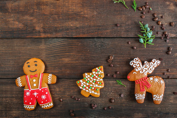 gingerbread, coffee and coffee beans (festive atmosphere christmas) happy new year. top food background. copy space