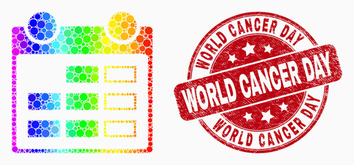 Pixelated spectrum calendar page mosaic icon and World Cancer Day seal. Red vector round grunge seal with World Cancer Day title. Vector composition in flat style.