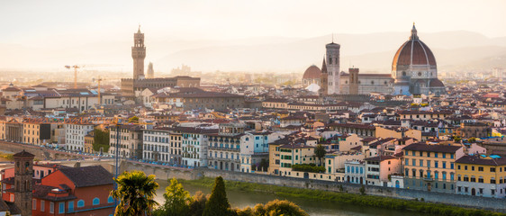 Fototapeta na wymiar Great spring cityscape of Florence with Cathedral of Santa Maria del Fiore (Duomo). Bright morning scene of Tuscany, Italy, Europe. Traveling concept background. Instagram filter toned.
