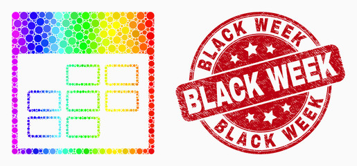 Dotted rainbow gradiented calendar week items mosaic icon and Black Week seal stamp. Red vector rounded textured stamp with Black Week caption. Vector combination in flat style. - Powered by Adobe