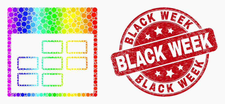 Dotted rainbow gradiented calendar week items mosaic icon and Black Week seal stamp. Red vector rounded textured stamp with Black Week caption. Vector combination in flat style.