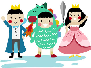 Cartoon vector illustration of cute fairy tale story. kids dress up and play together to be prince, princess, knight and dragon they are friends.