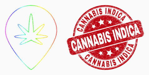 Dotted spectral cannabis map marker mosaic icon and Cannabis Indica seal stamp. Red vector rounded distress seal stamp with Cannabis Indica message. Vector composition in flat style.