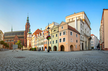 Fototapeta na wymiar Legnica, Poland. View of Kamienice Sledziowe - a set of historic houses located on market square built in 16th century