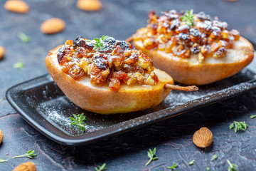 Pears with nuts, raisins and spices.