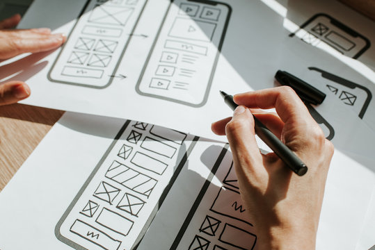 UX mobile application wireframe. Sketch, prototype, framework, layout future app design project. UI/UX - user interface and user experience designer. Creative concept for smartphone. App development