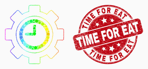 Dot rainbow gradiented clock settings gear mosaic pictogram and Time for Eat seal. Red vector round scratched seal with Time for Eat title. Vector combination in flat style.