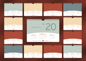 Wall or Desk Monthly Calendar for Year 2020. Vector Design Template with three month at page and Space for Photo and Corporate elements. Landscape Orientation. Set of 12 Months. Week starts monday