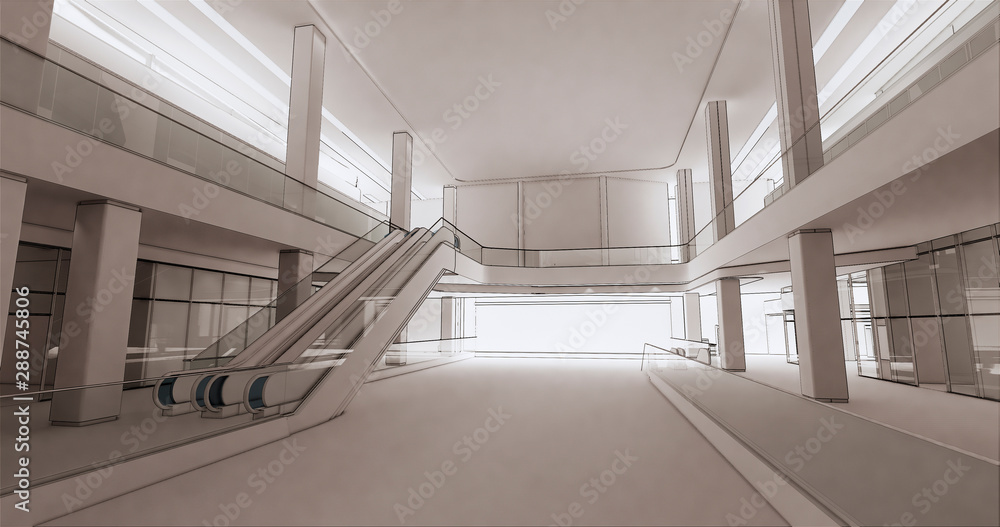 Poster concept visualization empty public space of a large shopping mall