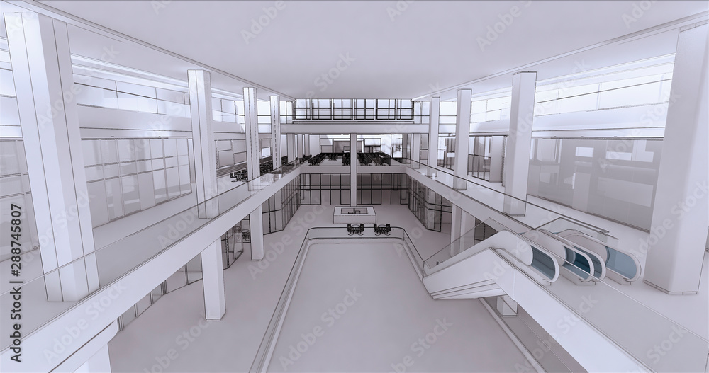 Poster concept visualization empty public space of a large shopping mall