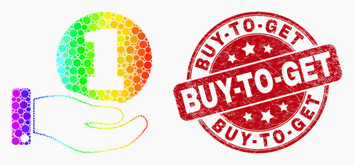 Pixel rainbow gradiented coin donation hand mosaic pictogram and Buy-To-Get seal. Red vector round textured seal stamp with Buy-To-Get caption. Vector combination in flat style.