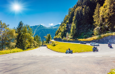 Mountain pass between France and Switzerland. Sunny summer view of Route de la Forclaz roud. Great...