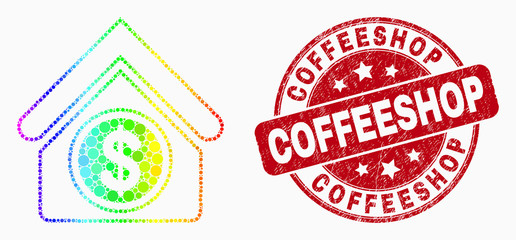 Dot bright spectral commercial building mosaic pictogram and Coffeeshop seal stamp. Red vector rounded textured seal with Coffeeshop title. Vector composition in flat style.