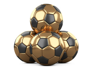 Pile of golden soccer balls, one ball on top - leadership concept.