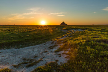 Mont Saint-Michel Bay in Normandy France at Sunset