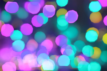 Abstract neon bokeh lights background. Beautiful festive color background.