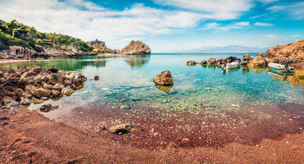 Bright summer panorama of Sterna Beach, popular tourist attraction, northeastern Corinthia, Greece. Sunny outdoor scene of the Greek resort. Beauty of nature concept background.