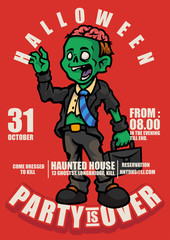 employe zombie man character wearing a torn suit is carrying a suitcase vector illustration poster halloween invitation