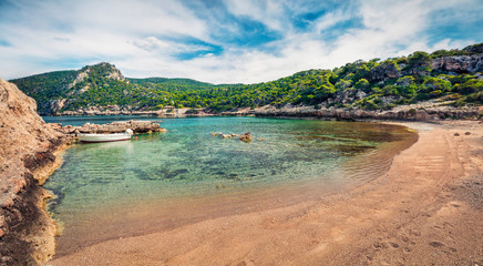 Colorful spring panorama on the cozy beach in northeastern Corinthia, Greece. Sunny outdoor scene of the Greek resort. Beauty of nature concept background. Orton Effect..