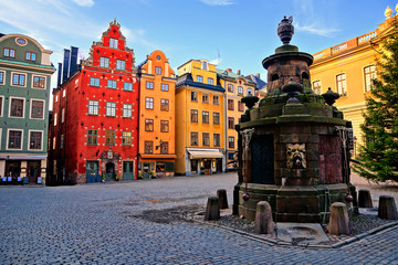 Colorful buildings of Stortorget, the main square in Gamla Stan, the Old Town of Stockholm, Sweden - obrazy, fototapety, plakaty