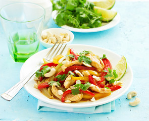 Chicken with vegetables in sweet and sour sauce.