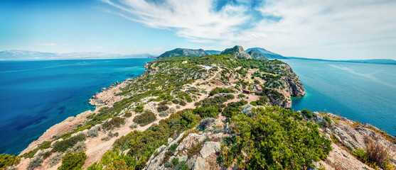 From the bird's eye view of West Court of Heraion of Perachora, Limni Vouliagmenis location. Bright...
