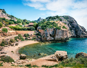 Picturesque spring view of West Court of Heraion of Perachora, Limni Vouliagmenis location. Colorful morning seascape of Aegean sea, Greece, Europe. Traveling concept background.