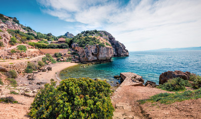 Splendid spring view of West Court of Heraion of Perachora, Limni Vouliagmenis location. Colorful...