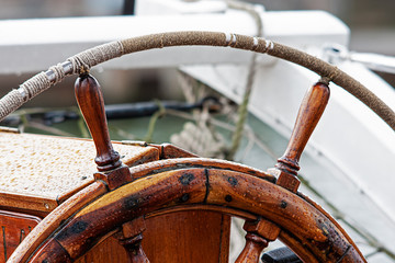 Steering wheel on sailing ship, vintage
