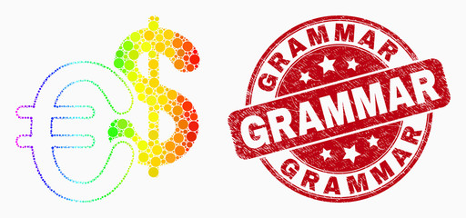Pixel rainbow gradiented currency mosaic icon and Grammar watermark. Red vector round distress seal with Grammar text. Vector composition in flat style.