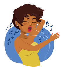 Happy black teenager woman listening to music with earphones and dancing