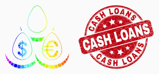 Dotted spectral currency deposit eggs mosaic pictogram and Cash Loans seal stamp. Red vector rounded textured seal stamp with Cash Loans message. Vector composition in flat style.