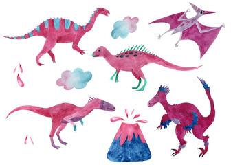 A large set of several dinosaurs, volcano and cloud, drawn in one style, pink color, for the decoration of textiles, children's books. On a white background, isolated. Cute fossil animals.