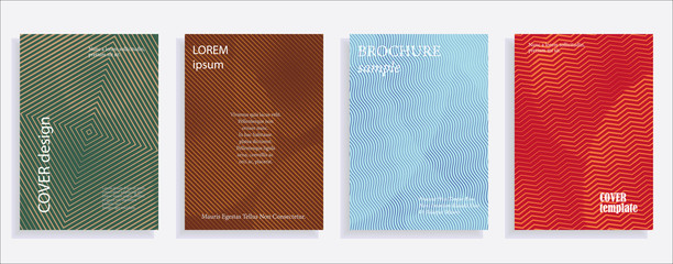 Minimalistic cover design templates. Set of layouts for covers of books, albums, notebooks, reports, magazines. Line halftone gradient effect, flat modern abstract design. Geometric mock-up texture