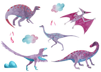 A large set of several dinosaurs, stone and cloud, drawn in one style, violet color, for the decoration of textiles, children's books. On a white background, isolated. Cute fossil animals.