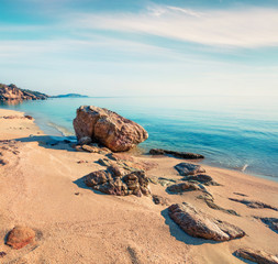 Amazing summer seascape of Aegean Sea. Wonderful morning view of Cuba Beach, Olimpiada village...