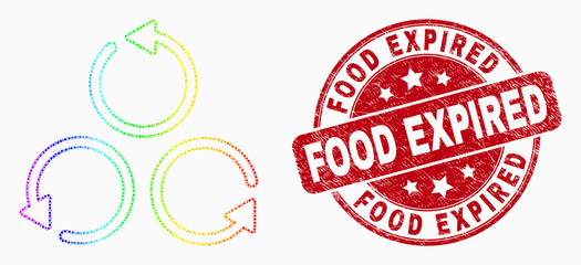 Pixelated bright spectral different rotation mosaic icon and Food Expired seal. Red vector rounded distress seal stamp with Food Expired title. Vector composition in flat style.