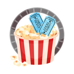 More paper bucket with popcorn and tickets. Vector illustration on a white background.