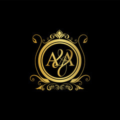 A & A AA logo initial Luxury ornament emblem. Initial luxury art vector mark logo, gold color on black background.