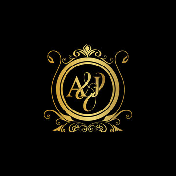 A & J AJ logo initial Luxury ornament emblem. Initial luxury art vector mark logo, gold color on black background.