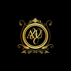 A & U AU logo initial Luxury ornament emblem. Initial luxury art vector mark logo, gold color on black background.