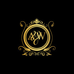 A & W AW logo initial Luxury ornament emblem. Initial luxury art vector mark logo, gold color on black background.