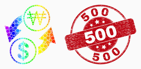 Dotted spectral dollar exchange korean won mosaic pictogram and 500 seal stamp. Red vector round textured stamp with 500 caption. Vector combination in flat style.