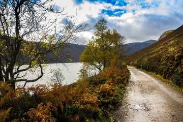 Autumn at Loch Muick in Royal Deeside. Ballater, Aberdeenshire, Scotland, UK. Cairngorms National Park.