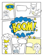 children comic book template, mock up with empty speech bubbles and cute monsters