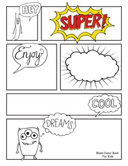 children comic book template, with empty speech bubbles and cute monsters