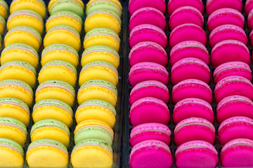 Rows of colorful macarons displayed for sale