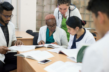 A group of mixed race doctors discussing medicine in the office at the table.