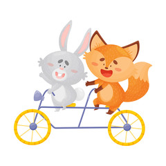 Humanized fox and hare ride a bicycle. Vector illustration on a white background.